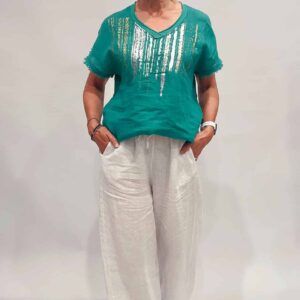 La Strada - Made In Italy - Linen V-Neck Linen Tee in Green